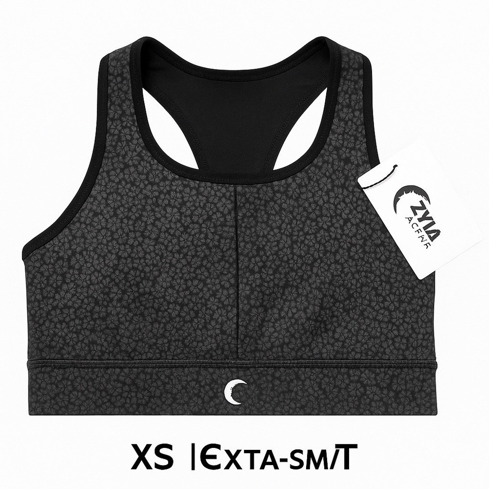 Zyia Active Power Bra Black Floral Print XS High Neck‎ Racerback Sports Bra NWT